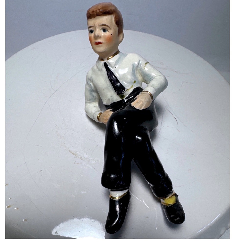 Vintage Ceramic Seated Boy Salt Pepper Shaker White Black Gold Figural Repaired
